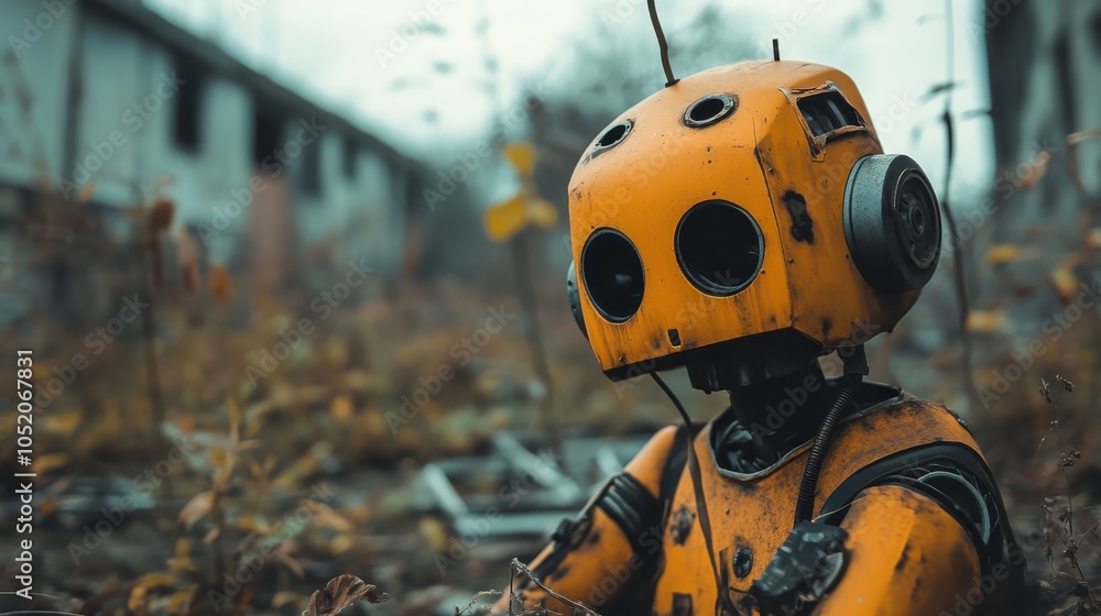 A yellow robot with large circular eyes sits in an overgrown, abandoned area, surrounded by remnants of human civilization, evoking a sense of solitude and decay. A yellow robot with large circular eyes sits in an overgrown, abandoned area, surrounded by remnants of human civilization, evoking a sense of solitude and decay.