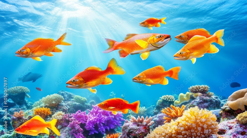 Fototapeta premium Underwater Scene Showing a School of Salmon Swimming Gracefully in Clear Blue Ocean Waters