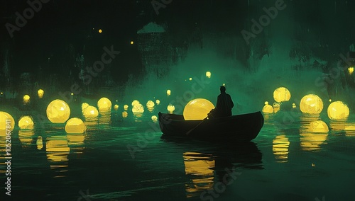 Man in boat under glowing surreal lights
