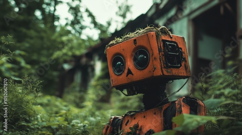 An orange robot with blue eyes stands amidst lush green foliage, appearing curious and almost sentient, as it explores an overgrown jungle environment. photo