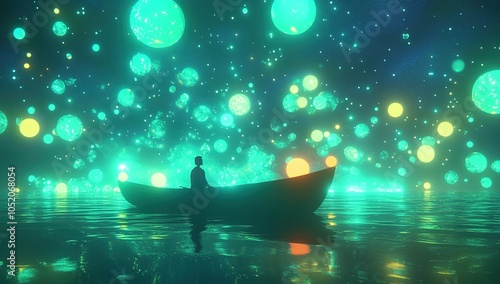 Man in boat under glowing surreal lights
