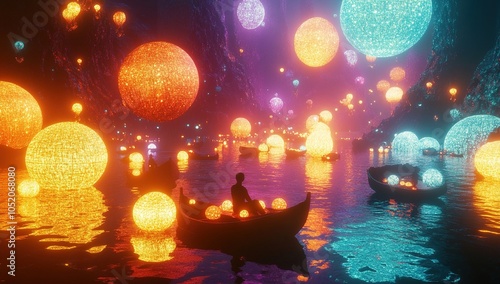 Man in boat under glowing surreal lights
