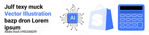 AI chip, shopping bag, and calculator. Ideal for artificial intelligence innovation, e-commerce, financial technology, business management, and digital marketing. Landing page