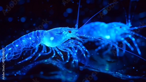 Glowing shrimp in dark underwater setting photo