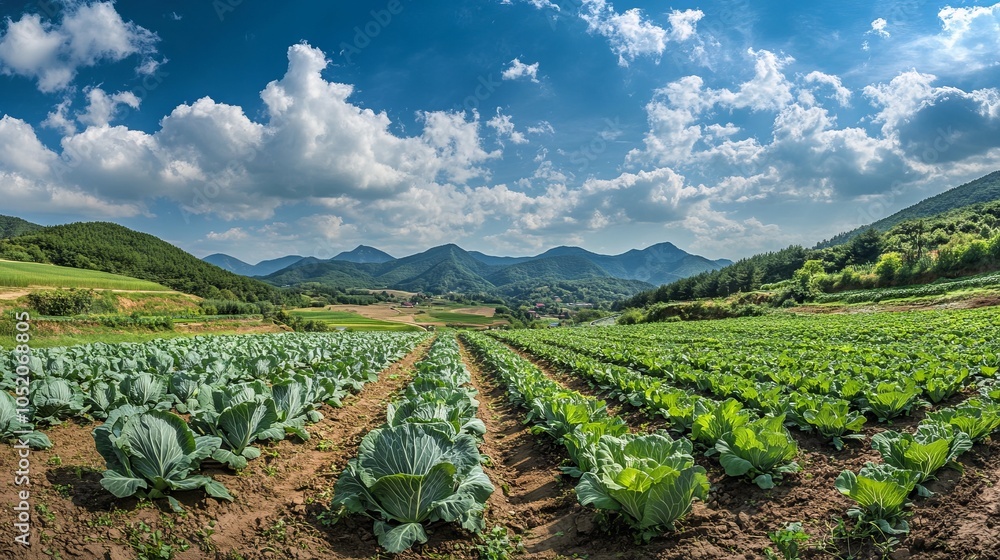 Scenic cabbage farm in South Korea with lush vegetables and mountains. AI generated illustration Scenic cabbage farm in South Korea with lush vegetables and mountains. AI generated illustration