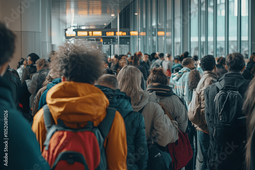 Congested airport terminal with tourists waiting in long security lines