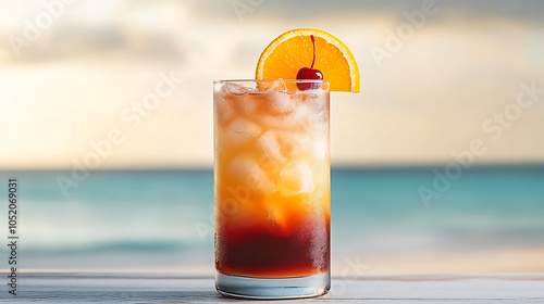 Long glass of layered cocktail with vibrant colors, garnished with a slice of orange and a cherry, against a tropical beach background