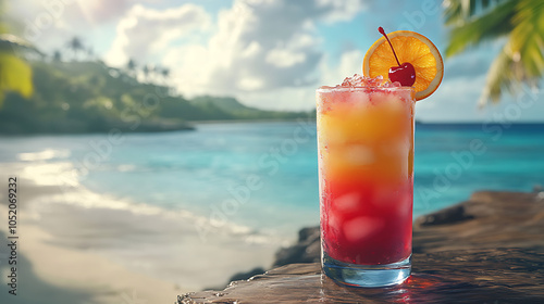 Long glass of layered cocktail with vibrant colors, garnished with a slice of orange and a cherry, against a tropical beach background