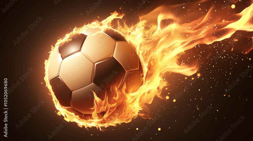 Naklejka premium A soccer ball on fire, a symbol of passion and energy, is flying through the air with a trail of flames.