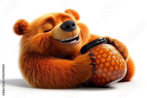 a 2D cartoon illustration of a sleepy bear holding a jar of honey cozy and warm white background photo