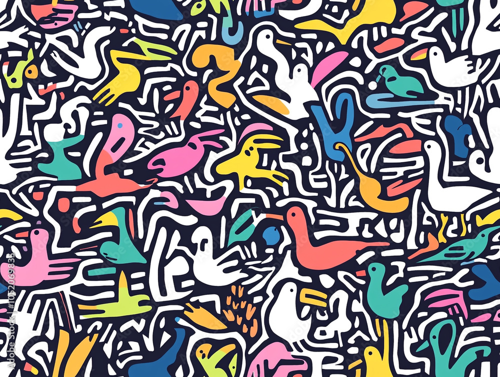 An abstract drawing of various birds in abstract design and doodle style. An abstract drawing of various birds in abstract design and doodle style.