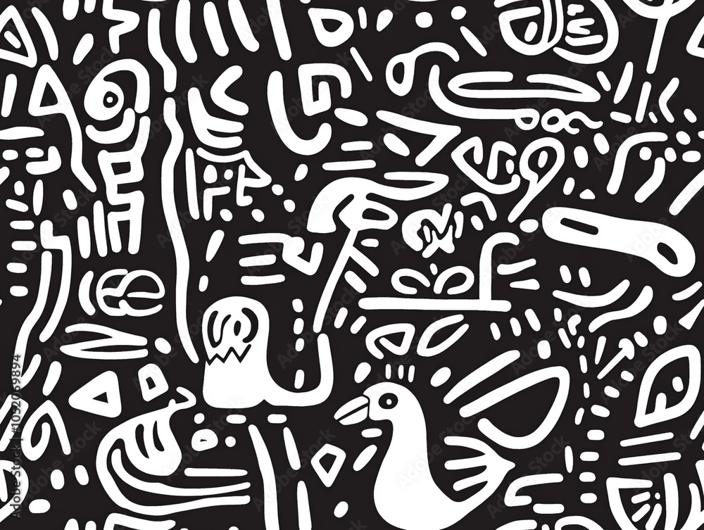 An abstract drawing of various birds in abstract design and doodle style. An abstract drawing of various birds in abstract design and doodle style.