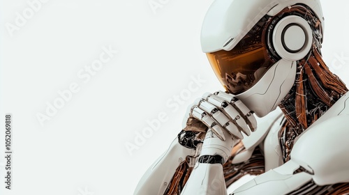 A humanoid robot sits deep in thought, showcasing advanced technology with intricate designs, highlighting themes of AI, introspection, and futuristic innovation.