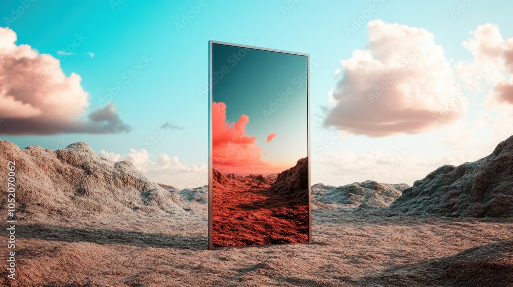 A reflective frame in a desert landscape captures and mirrors the sky ...