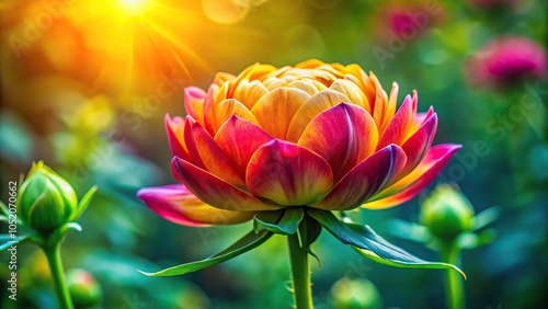 A bright blooming flower with vibrant petals unfolding from a tightly closed bud, symbolizing renewal and new beginnings, renewal, bloom