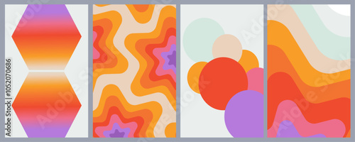 Poster collection vintage 70s 80s retro style vector gradient poster background groovy tripy geomatric abstract shapes hippie color wall art