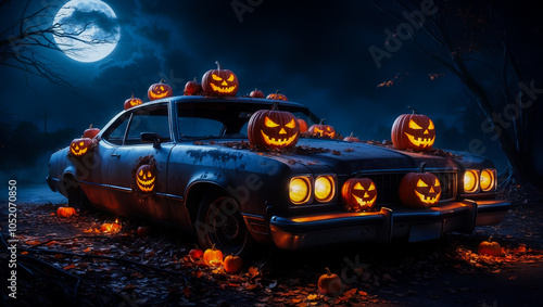 Abandoned car covered in jack o' lanterns celebrating halloween under full moon photo