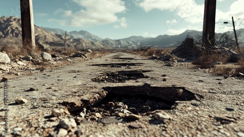 A desolate cracked road stretches into the distance, flanked by barren land and distant mountains under a partly cloudy sky, reminiscent of a post-apocalyptic scene. photo