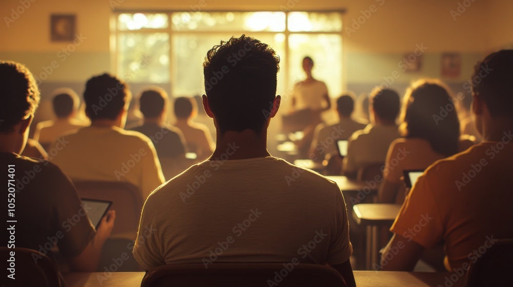 Fototapeta premium Backlit Classroom Setting with Students Engaged in Learning. Generative ai