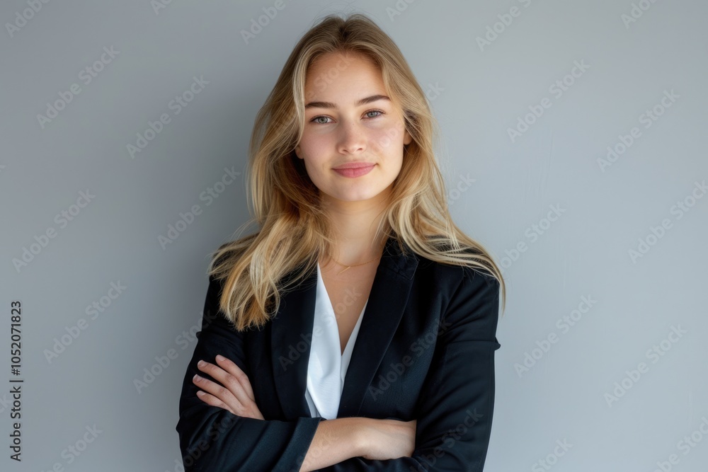 Confident young woman in blazer posing on grey background. Confident young woman in blazer posing on grey background.