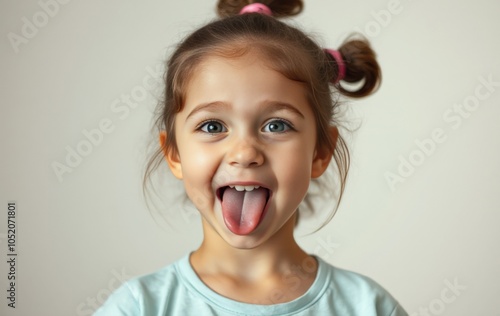 Joyful Little Girl Making a Funny Face with Sticking Out Tongue photo