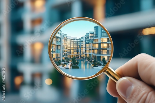 A close-up view of modern architecture through a magnifying glass, showcasing details of residential buildings and clear skies.