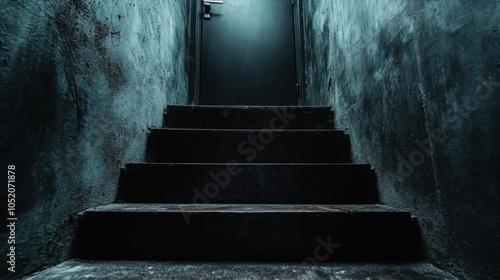 A dimly lit, shadowy staircase leading up to a closed door, invoking a sense of mystery and anticipation in a dark and confined space. photo