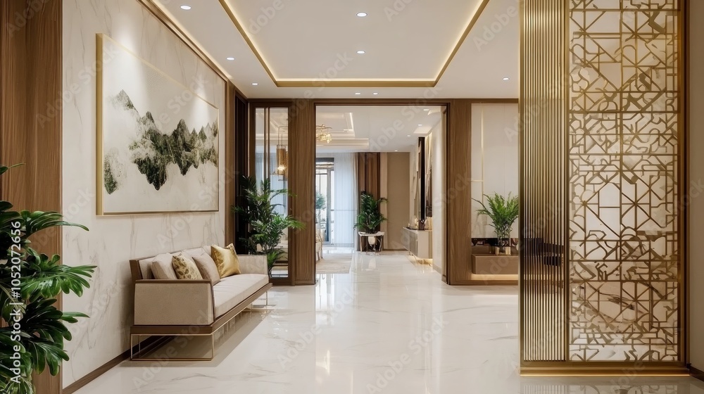 A spacious and elegant hallway with a marble floor, a white sofa with pillows, a large painting on the wall, and a decorative screen in the background. A spacious and elegant hallway with a marble floor, a white sofa with pillows, a large painting on the wall, and a decorative screen in the background.