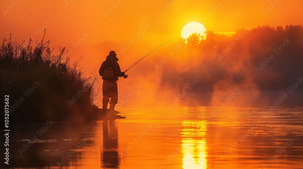 Lone Fisherman at Dawn, a tranquil moment of a solitary angler casting a line, silhouetted by the warm hues of sunrise over a mist-covered river, evoking peace and solitude Lone Fisherman at Dawn, a tranquil moment of a solitary angler casting a line, silhouetted by the warm hues of sunrise over a mist-covered river, evoking peace and solitude