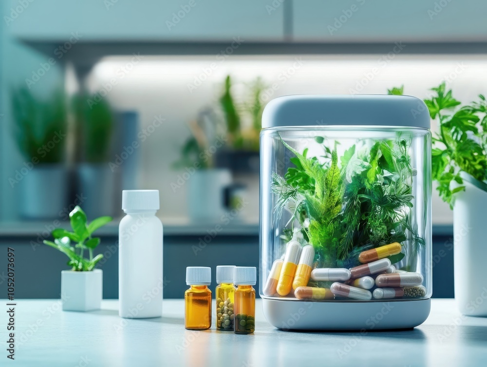 Vitamin immune essential. A serene arrangement of herbal plants and supplements in a glass container, showcasing a blend of nature and wellness in a modern kitchen setting. Vitamin immune essential. A serene arrangement of herbal plants and supplements in a glass container, showcasing a blend of nature and wellness in a modern kitchen setting.