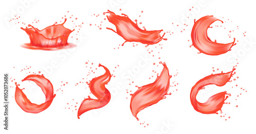 Berry juice splashes, fruit and berry compote splash collection in realistic design. Vector pomegranate, strawberry or raspberry juice swirls, cocktail beverage splashes, stains of fruity juice