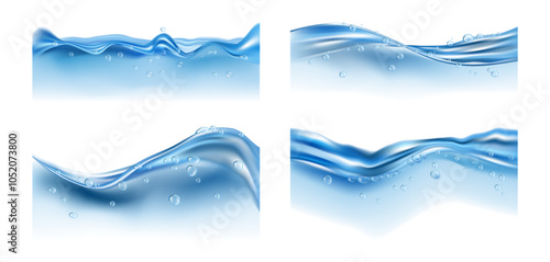 Water splashes and drops on surface with bubbles of air. Vector isolated set of realistic liquid with droplets. Fluid in containers side view. Waves and splashing effect of clear smooth aqua