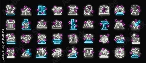 Neon sculptures and monuments glowing brightly, showcasing historical artifacts, artistic creations, and cultural heritage