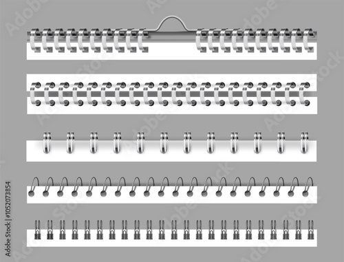 Metal binders set, isolated realistic silver or black spiral coils for notebook. Vector collection of 3D helix fastening sheets and sketchbook binding rings. Wire for sewing calendar pages