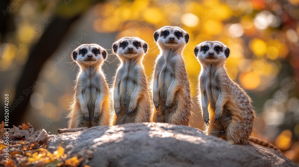 Fototapeta premium Four Meerkats Standing Tall on a Rock Against a Blurred Autumnal Background
