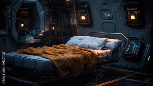 A sci-fi inspired nano blanket with advanced thermal regulation technology, showcasing a glowing interface on its surface, set in a high-tech space station's sleeping quarters. photo