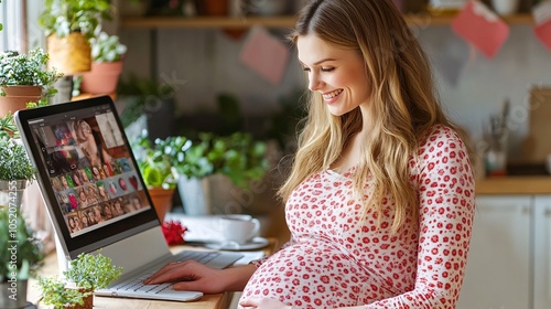 Expectant mother chatting with her doctor about her recent symptoms during a telemedicine session Stock Photo with side copy space photo