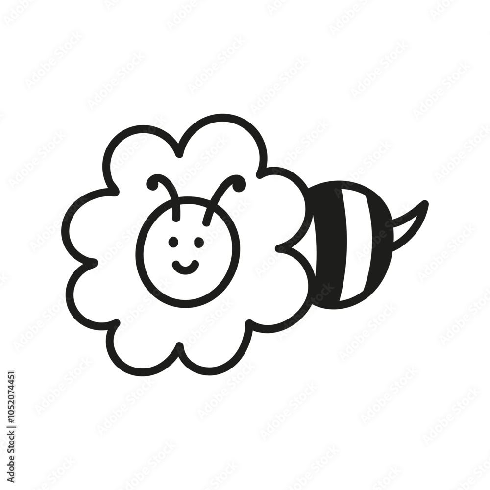 Fototapeta premium Hand drawn funny bee character inside flower. Nature insects doodle illustration