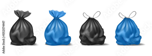 Filled trash bags filled with litter and disposables. Vector isolated realistic sacks with discharge, organic dump or household garbage. Biodegradable alternative and waste pollution handling