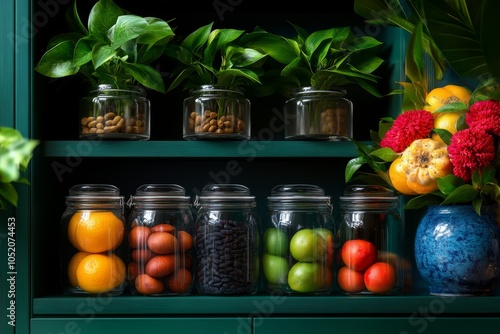 A dark, enchanted pantry with grapefruit, longans, and mangoes arranged alongside other rare, magical ingredients photo