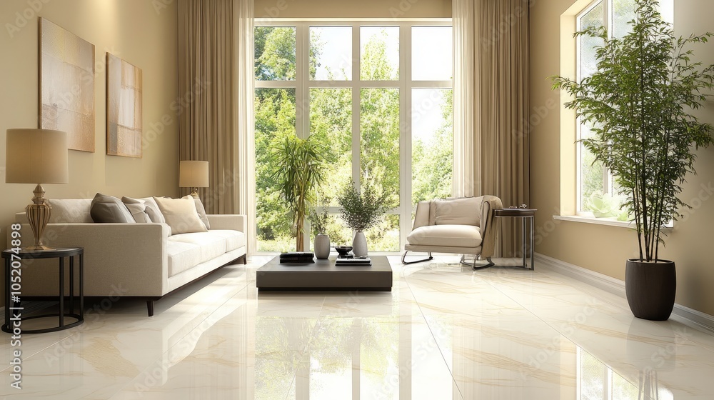 A spacious living room with large windows, a white sofa, and a coffee table, with a view of the green trees outside. A spacious living room with large windows, a white sofa, and a coffee table, with a view of the green trees outside.