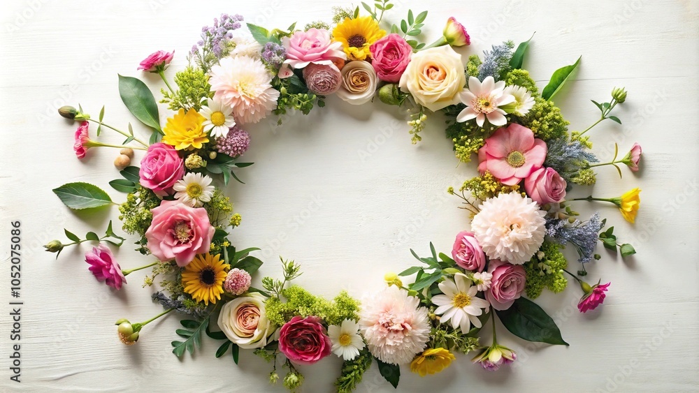 A charming floral wreath frame with a whimsical touch and a beautiful display of fresh flowers in a circular arrangement, floral motifs, vintage frames
