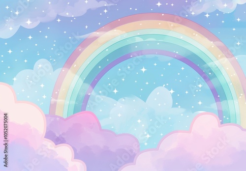 Adorable Pastel Rainbow Sky with Clouds and Stars in Vector Art.