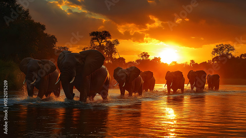 Elephants Crossing River at...