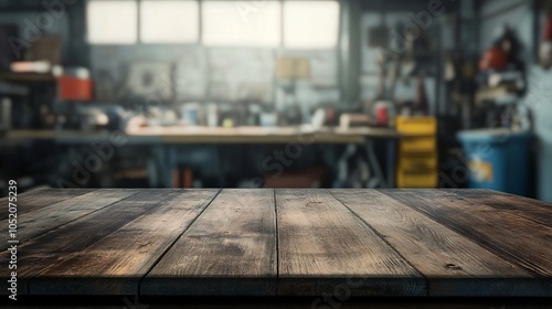 Vintage garage workshop interior with dark wooden tabletop. AI generated illustration