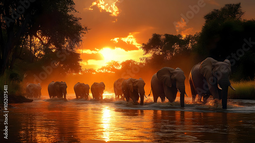 African Elephant Herd at Su...