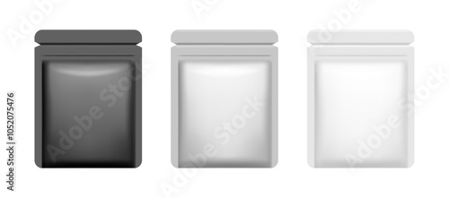 Wrappers and packages for storing food products, snacks. Vector isolated set of realistic sachets with zipper. Packaging with copy space and branding. Mockup template on pouches wrappers