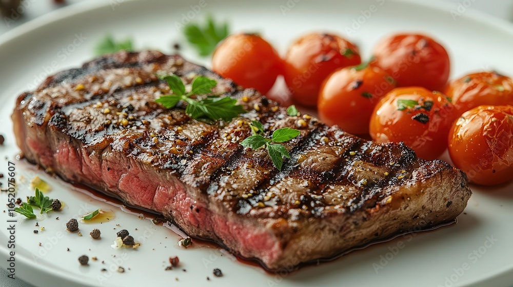 delicious grilled steak beautifully plated with roasted tomatoes and aromatic herbs on a white background, capturing the essence of gourmet food presentation and culinary artistry delicious grilled steak beautifully plated with roasted tomatoes and aromatic herbs on a white background, capturing the essence of gourmet food presentation and culinary artistry