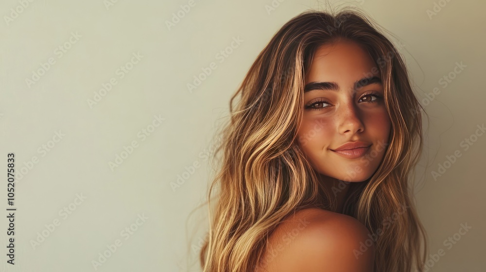 Close-Up Portrait of Beautiful Woman with Wavy Brown and Blonde Hair in Beauty Salon Close-Up Portrait of Beautiful Woman with Wavy Brown and Blonde Hair in Beauty Salon