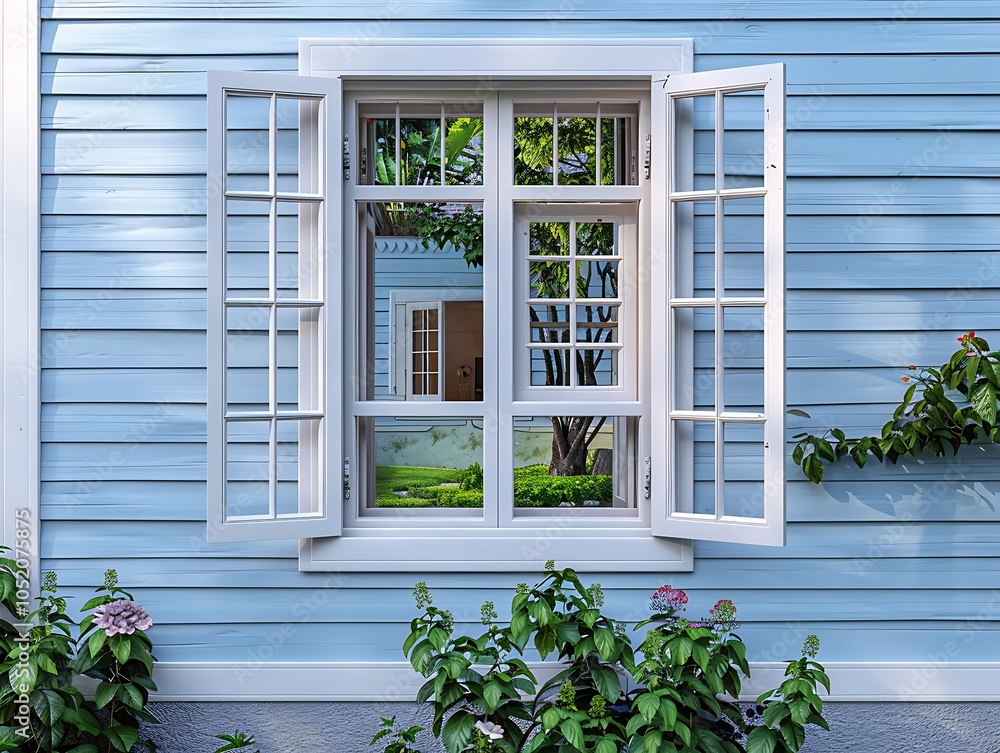 Old white house with blue walls, open window to green garden, street view, white wooden frame, daylight, photo realistic. Old white house with blue walls, open window to green garden, street view, white wooden frame, daylight, photo realistic.